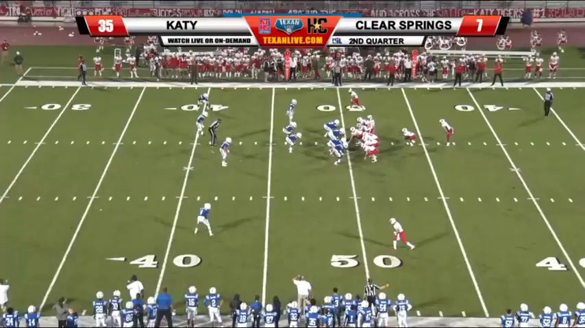 50 YD TD pass from Katy QB Bronson Mccleelland to WR Steven Stiles. Katy up 42-0 over Clear Springs before the half. 